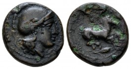 Sicily, Camarina Tetras circa 339-330, Æ 16mm., 4.04g. Head of Athena r., wearing crested helmet. Rev. Horse advancing r.; below, barley-ear. SNG ANS ...