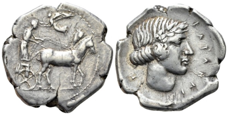 Sicily, Catana Tetradrachm circa 430, AR 34.5mm., 16.83g. Slow quadriga driven r...