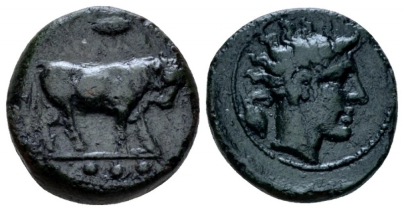 Sicily, Gela Tetras circa 420-405, Æ 16mm., 3.56g. ΓEΛAΣ Bull advancing r.; abov...