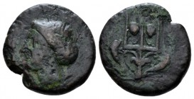 Sicily, Messana Bronze circa 411-408, Æ 18.5mm., 3.97g. Head of nymph Peloria l., wearing wreath of grain, earrings and sakkos. Rev. Trident; on sides...