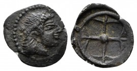 Sicily, Syracuse Litra circa 480-470, AR 10mm., 0.50g. Diademed head of nymph r. Rev. Wheel with four spokes. Boehringer 362-370. SNG ANS 116.

Tone...