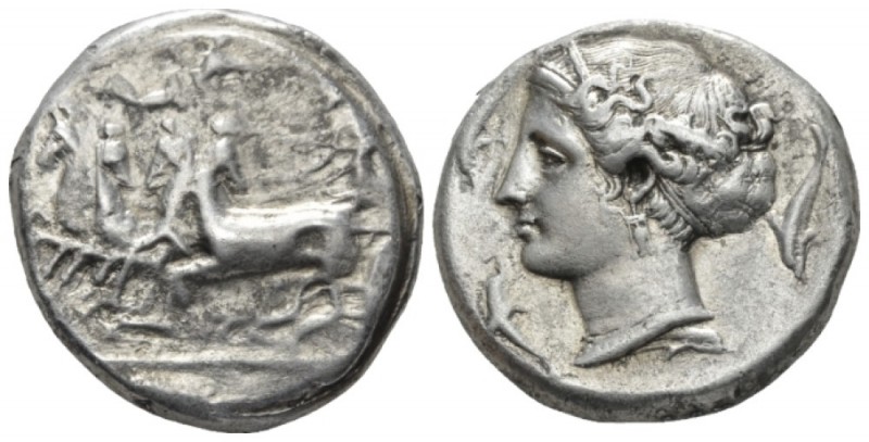Sicily, Syracuse Tetradrachm 405-399 BC, AR 25mm., 16.83g. Charioteer driving fa...