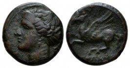 Sicily, Syracuse Bronze circa 275-216, Æ 15mm., 3.06g. Head of Arethusa l., wearing ampyx and sphendone. Rev. Pegasus flying l. Calciati 202. SNG Morc...