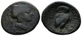 Sicily, Tauromenium Bronze circa 200-150, Æ 20mm., 4.54g. Head of Athena r., wearing Corinthian helmet. Rev. Owl standing r. with closed wings. CNS 39...