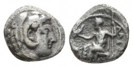 Kingdom of Macedon, Alexander III, 336 – 323 Babylon Obol circa 324-323, AR 8.5mm., 0.58g. Head of Herakles r., wearing lion skin headdress. Rev. Zeus...