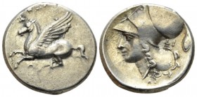 Acarnania, Argos Amphilochicum Stater circa 330-280 BC, AR 20mm., 8.44g. Pegasuss flying l. Rev. Helmeted head of Athena l.; ΔI and shield with strap ...