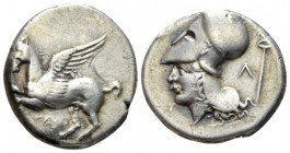 Acarnania, Leucas Stater circa 435-380, AR 21mm., 8.29g. Pegasuss flying l.; below, Λ, Rv. Head of Athena l., wearing Corinthian helmet; on r., Λ and ...
