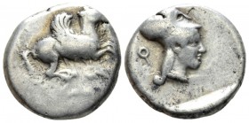 Corinthia, Corinth Stater circa, AR 20mm., 8.37g. Pegasus flying r. Rev. Head of Athena r., wearing Corinthian helmet. All within incuse square. Ravel...