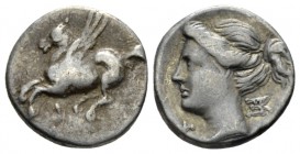 Corinthia, Corinth Drachm circa 350-300, AR 15mm., 2.64g. Pegasus flying l. Rev. Head of Aphrodite l., hair in sphendone. BCD Corinth 150 var. (differ...