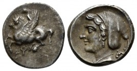 Corinthia, Corinth Drachm circa 350-300, AR 15mm., 2.64g. Pegasus flying l. Rev. Head of Aphrodite l., wearing sakkos. BCD Corinth 161 var. (different...