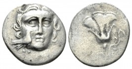 Caria, Mylasa Drachm circa 170-130, AR 16mm., 2.00g. facing head of Helios, bird on cheek. Rev. Rose. Ashton, Mylasa 54 (A20/P29). SNG Kayhan 843.

...