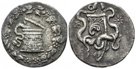 Lydia, Sardes Cistophoric tetradrachm circa 160-150, AR 27mm., 12.26g. Cista mystica within ivy wreath. Rev. Two serpents entwined around bow and bowc...