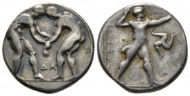 Pamphilia, Aspendus Stater circa 380-325, AR 20mm., 10.80g. Two wrestlers grappling. Rev. Slinger standing r.; in r. field, triskeles. All within dott...