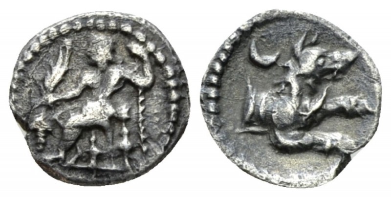 Cilicia, Tarsus Obol after 361, AR 10mm., 0.37g. Baaltars seated l., holding bun...