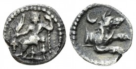 Cilicia, Tarsus Obol after 361, AR 10mm., 0.37g. Baaltars seated l., holding bunch of grapes and sceptre. Tev. Forepart of hound, aobve, crescent. SNG...