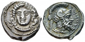Cilicia, Datames satrap, 384-361 Tarsus Stater circa 378-372, AR 25mm., 10.75g. Female head facing slightly l. Rev. Bearded male head r., wearing cres...