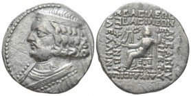 Parthia, Seleucia on the Tigris Tetradrachm circa 57-38, AR 30mm., 13.56g. Diademed bust l., neck torque ends in sea horse. Rev. Orodes seated l., hol...