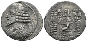 Parthia, Phraates IV, 38-2 Seleucia on Tigris Tetradrachm 27 BC, April,, AR 30mm., 10.73g. Diademed and draped bust l. Rev. Phraates seated l., holdin...