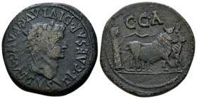 Hispania, Caesaraugusta Tiberius, 14-37 As circa 14-37, Æ 28.9mm., 10.39g. Laureate head r. Rev. Priest driving yoke of oxen r., plowing pomerium. RPC...