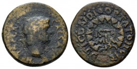Corinthia, Corinth Nero, 54-68 Bronze circa 57-58 or 58-59, Æ 21mm., 7.42g. Laureate head r. Rev. ISTH/MIA in two lines within wreath ; below, COR. RP...
