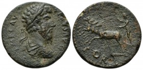 Corinthia, Corinth Lucius Verus, 161-169 Bronze circa 161-169, Æ 21.5mm., 14.78g. Laureate, draped and cuirassed bust r. Rev. Helios standing in gallo...