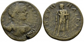 Lesbos, Methymna Caracalla, 198-217 Bronze circa 198-217, Æ 32.5mm., 20.28g. Laureate, draped and cuirassed bust r. Rev. Asklepios standing l., holdin...