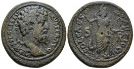 Pisidia, Antioch Septimius Severus, 193-211 Bronze circa 193-211, Æ 28.30mm., 27.14g. Laureate head r. Rev. Mên standing r., l. foot on bucranium, hol...