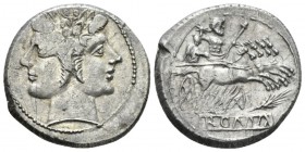 Quadrigatus Sicily 214-212,, AR 20.8mm., 6.82g. Laureate Janiform head of Dioscuri. Rev. Jupiter, holding sceptre and hurling thunderbolt, in fast qua...