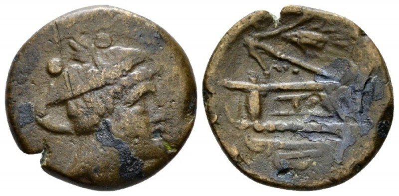 Sextans Sicily circa 207-206, Æ 19.6mm., 5.03g. Head of Mercury r.; above, two p...