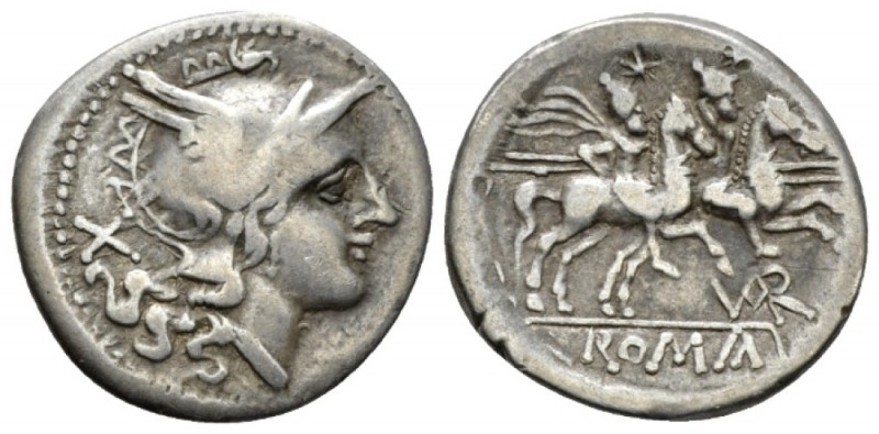 A. Terentius Varro Denarius uncertain mint circa 206-200, AR 19.1mm., 3.56g. Hel...