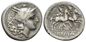 A. Terentius Varro Denarius uncertain mint circa 206-200, AR 19.1mm., 3.56g. Helmeted head of Roma r.; behind, X. Rev. The Dioscuri galloping r.; belo...