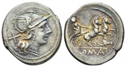 Anonymous series with fly. Denarius circa 179-170, AR 19.5mm., 3.79g. Helmeted head of Roma r., behind, X. Rev. Luna in prancing biga r.; below, fly a...