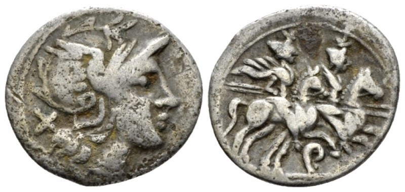 Denarius uncertain mint circa 199-170, AR 19.4mm., 3.15g. Helmeted head of Roma ...