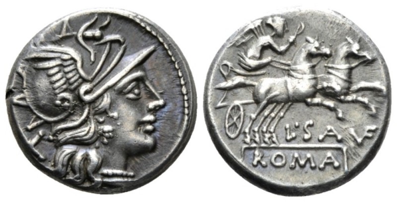 L. Saufeius. Denarius 152, AR 17.1mm., 4.16g. Helmeted head of Roma r.; behind, ...