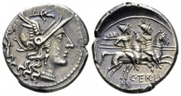 C. Terentius Lucanus. Denarius 147, AR 18.4mm., 3.52g. Helmeted head of Roma r., wreathed by Victory standing r. behind her. In lower l. field, X. Rev...