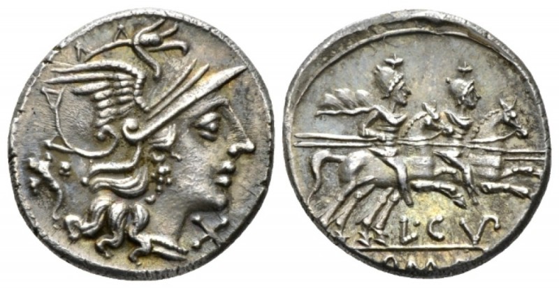 L. Cupiennus. Denarius 147, AR 18mm., 3.78g. Helmeted head of Roma r.; behind, c...