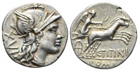 C. Titinius. Denarius 141, AR 18.4mm., 3.85g. Helmeted head of Roma r.; behind, XVI. Rev. Victory in biga r., holding whip and reins; below, C TITINI;...