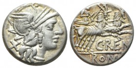 C. Renius. Denarius 138, AR 15.8mm., 3.59g. Helmeted head of Roma r.; behind, X. Rev. Juno in biga of goats r., holding sceptre and reins in r. hand a...