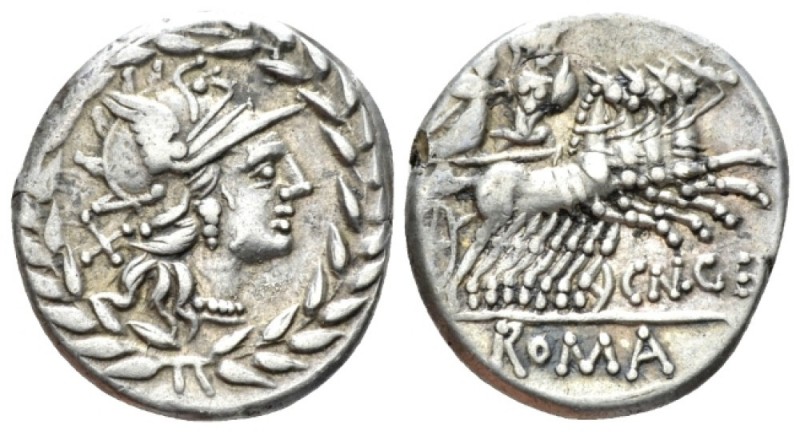 Cn. Gellius. Denarius 138, Ar 18mm., 3.96g. Helmeted head of Roma r.; behind, X....