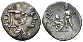 T. Veturius. 137, AR 19mm., 3.84g. TI ·VET ligate Helmeted and draped bust of Mars r.; behind neck, X. Rev. Oath-taking scene: youth kneeling l. betwe...