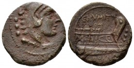 C. Numitorius C.f. Lem. Quadrans 133, Æ 17.5mm., 2.90g. Head of Hercules r., wearing lion’s skin; behind, three pellets. Rev. C·NVMITORI Prow r.; befo...