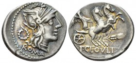 T. Cloelius Denarius 129, AR 20.4mm., 3.86g. Helmeted of Roma r.; behind, wreath and below, ROMA. Rev. Victory in prancing biga r.; below horses, stal...