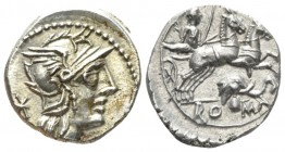 Anonymous series with elephant's head Denarius 128, AR 17mm., 3.92g. Helmeted head of Roma r.; behind, *. Rev. Goddess in biga r., holding sceptre and...