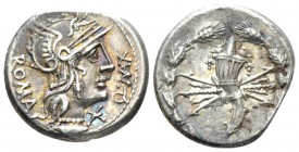 Q. Fabius Maximus. Denarius 127, AR 18.3mm., 3.87g. Q·MAX – ROMA Helmeted head of Roma r.; below chin, Û. Rev. Cornucopiae over thunderbolt within wre...