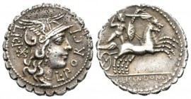 L. Licinius Crassus, Cn. Domitius Ahenobarbus and associates Denarius serratus Narbo 118, AR 19.5mm., 3.79g. L·PORCI – LICI Helmeted head of Roma r.; ...