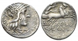 M. Calidius, Q. Metellus and Cn. Fulvius Denarius 117 or 116, AR 19.5mm., 3.86g. Helmeted head of Roma r.; behind, *. Rev. Victory in prancing quadrig...
