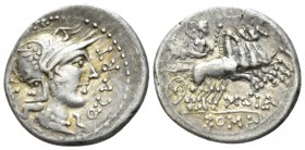 Q. Curtius and M. Silanus. Denarius 116 or 115, AR 19.5mm., 3.84g. Q·CVRT Helmeted head of Roma r.; behind, X. Rev. Jupiter in prancing quadriga r., h...