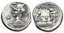 P. Licinius Nerva. Denarius 113 or 112, AR 17.2mm., 3.98g. Helmeted bust of Roma l., holding shield in l. hand and spear over shoulder in r.; in l. fi...