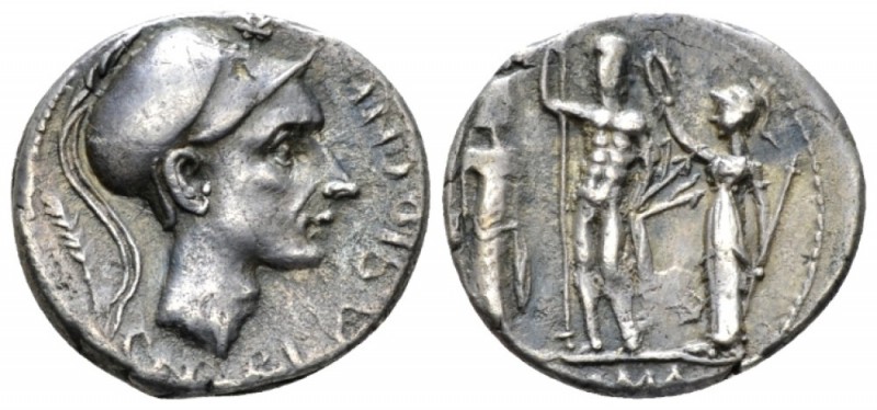 Cn. Blasio Cn. f. Denarius 112 or 111, AR 18.65mm., 3.63g. Helmeted head of Mars...