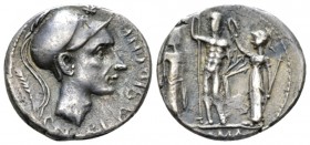 Cn. Blasio Cn. f. Denarius 112 or 111, AR 18.65mm., 3.63g. Helmeted head of Mars r.; below, CN·BLASIO·CN·FS. Behind head, palm branch. Rev. Jupiter st...